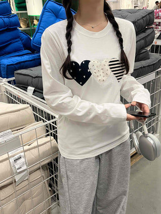 Hip Autumn Cotton Striped Heart Long Sleeve T-shirt