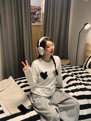 Hip Autumn Cotton Striped Heart Long Sleeve T-shirt