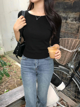 Simple Cotton Plain 3/4 Sleeve Long-Sleeve T-Shirt