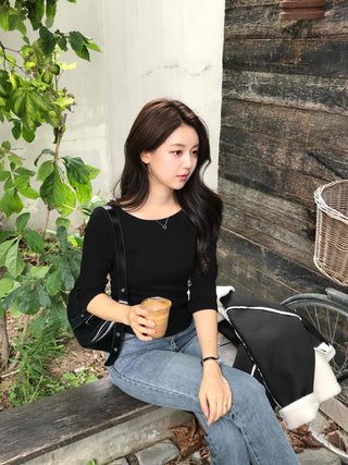 Simple Cotton Plain 3/4 Sleeve Long-Sleeve T-Shirt