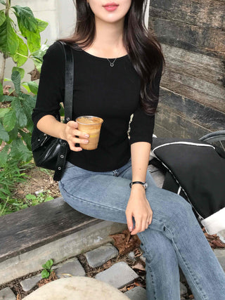 Simple Cotton Plain 3/4 Sleeve Long-Sleeve T-Shirt