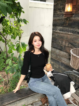 Simple Cotton Plain 3/4 Sleeve Long-Sleeve T-Shirt