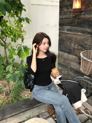 Simple Cotton Plain 3/4 Sleeve Long-Sleeve T-Shirt