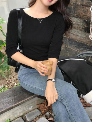 Simple Cotton Plain 3/4 Sleeve Long-Sleeve T-Shirt