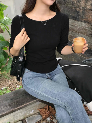 Simple Cotton Plain 3/4 Sleeve Long-Sleeve T-Shirt