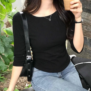 Simple Cotton Plain 3/4 Sleeve Long-Sleeve T-Shirt