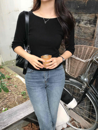 Simple Cotton Plain 3/4 Sleeve Long-Sleeve T-Shirt
