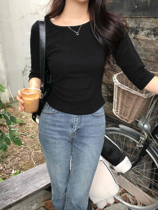 Simple Cotton Plain 3/4 Sleeve Long-Sleeve T-Shirt