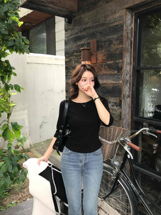 Simple Cotton Plain 3/4 Sleeve Long-Sleeve T-Shirt