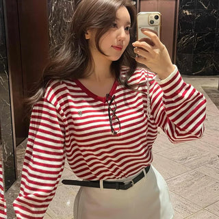 Street Autumn Striped V-Neck Knit