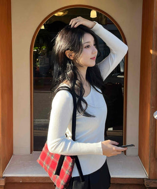 Madeleine Square Neck Rib Skinny Fit Long Sleeve Knit