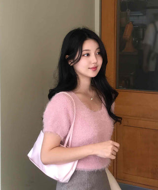 Delicate Fit Soft Puff Sleeve Square Neck Fur Knit