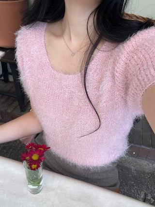 Delicate Fit Soft Puff Sleeve Square Neck Fur Knit