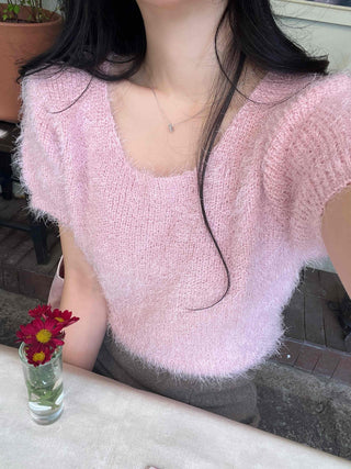 Delicate Fit Soft Puff Sleeve Square Neck Fur Knit