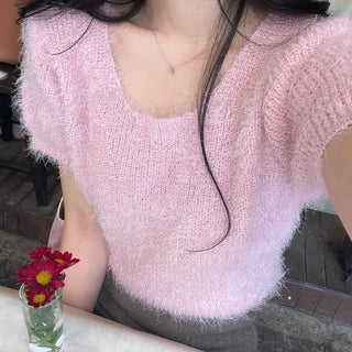 Delicate Fit Soft Puff Sleeve Square Neck Fur Knit