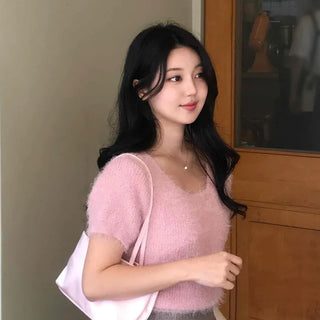 Delicate Fit Soft Puff Sleeve Square Neck Fur Knit