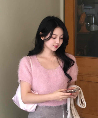 Delicate Fit Soft Puff Sleeve Square Neck Fur Knit