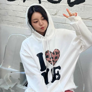 Daily Big Lettering Heart Leopard Patch Oversized Hoodie