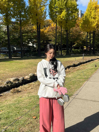 Daily Big Lettering Heart Leopard Patch Oversized Hoodie