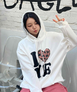 Daily Big Lettering Heart Leopard Patch Oversized Hoodie