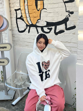 Daily Big Lettering Heart Leopard Patch Oversized Hoodie