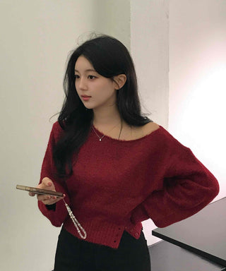 Soft Delicate Fit Boat Neck Cropped Loose Fit Knit
