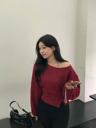 Soft Delicate Fit Boat Neck Cropped Loose Fit Knit