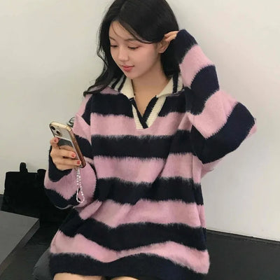 Soft Fuzzy Color Block Stripe V-Neck Knit