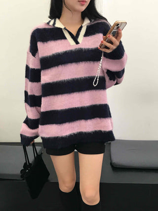 Soft Fuzzy Color Block Stripe V-Neck Knit