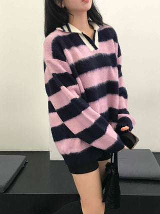 Soft Fuzzy Color Block Stripe V-Neck Knit