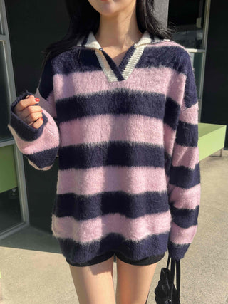 Soft Fuzzy Color Block Stripe V-Neck Knit