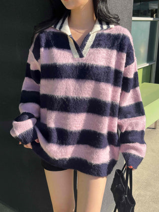 Soft Fuzzy Color Block Stripe V-Neck Knit