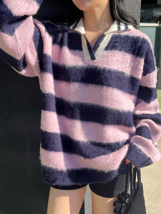 Soft Fuzzy Color Block Stripe V-Neck Knit