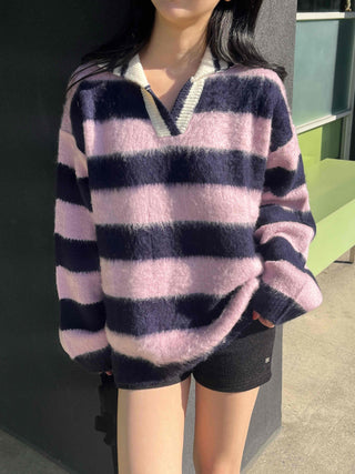 Soft Fuzzy Color Block Stripe V-Neck Knit