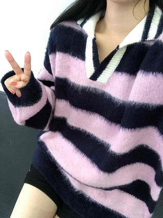 Soft Fuzzy Color Block Stripe V-Neck Knit