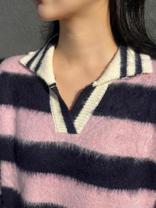 Soft Fuzzy Color Block Stripe V-Neck Knit