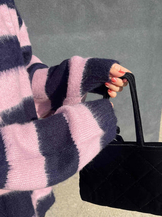 Soft Fuzzy Color Block Stripe V-Neck Knit