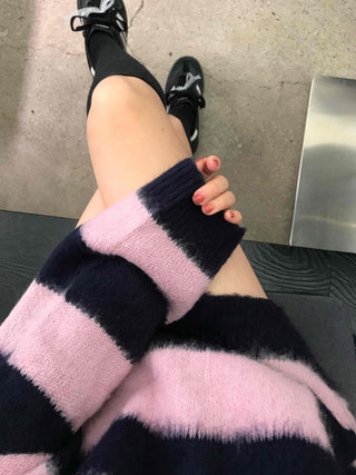 Soft Fuzzy Color Block Stripe V-Neck Knit