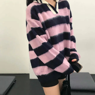 Soft Fuzzy Color Block Stripe V-Neck Knit