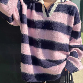 Soft Fuzzy Color Block Stripe V-Neck Knit