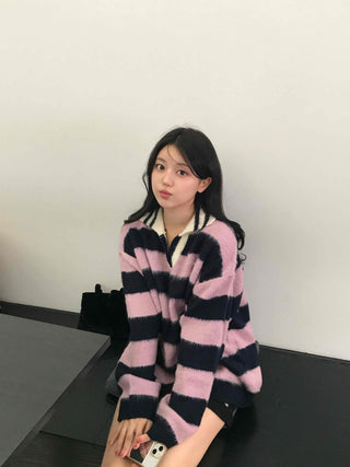 Soft Fuzzy Color Block Stripe V-Neck Knit