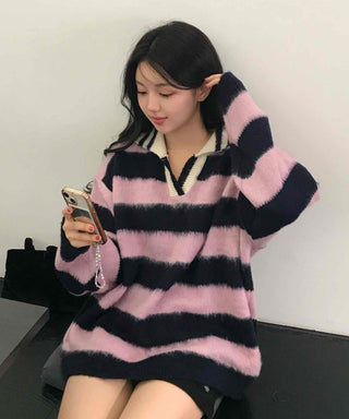 Soft Fuzzy Color Block Stripe V-Neck Knit