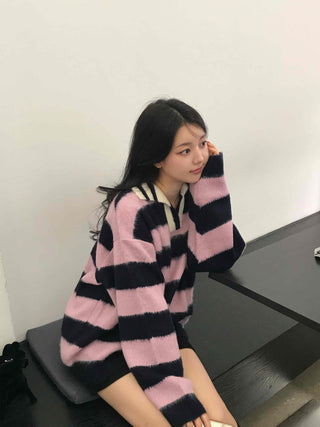 Soft Fuzzy Color Block Stripe V-Neck Knit
