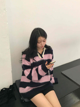 Soft Fuzzy Color Block Stripe V-Neck Knit