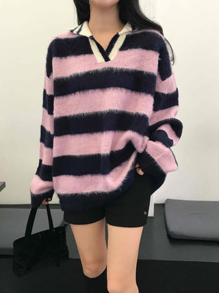 Soft Fuzzy Color Block Stripe V-Neck Knit