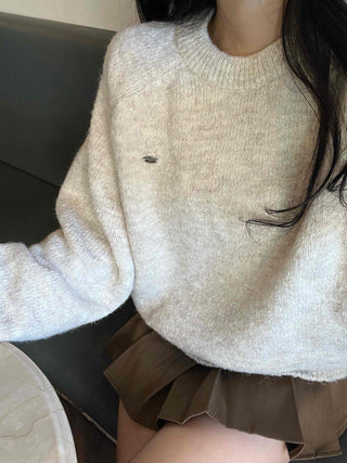 Soft Wool Blend Balloon Sleeve Round Neck Knit
