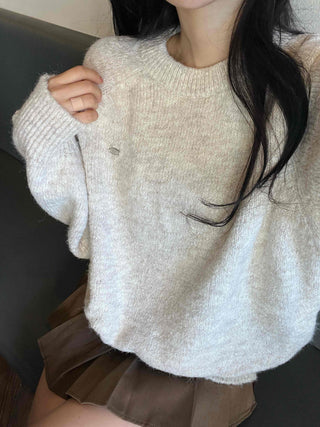 Soft Wool Blend Balloon Sleeve Round Neck Knit