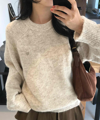 Soft Wool Blend Balloon Sleeve Round Neck Knit