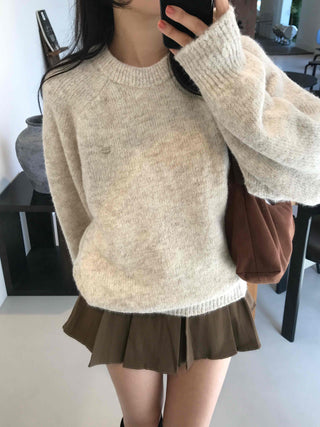 Soft Wool Blend Balloon Sleeve Round Neck Knit