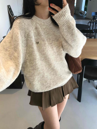 Soft Wool Blend Balloon Sleeve Round Neck Knit